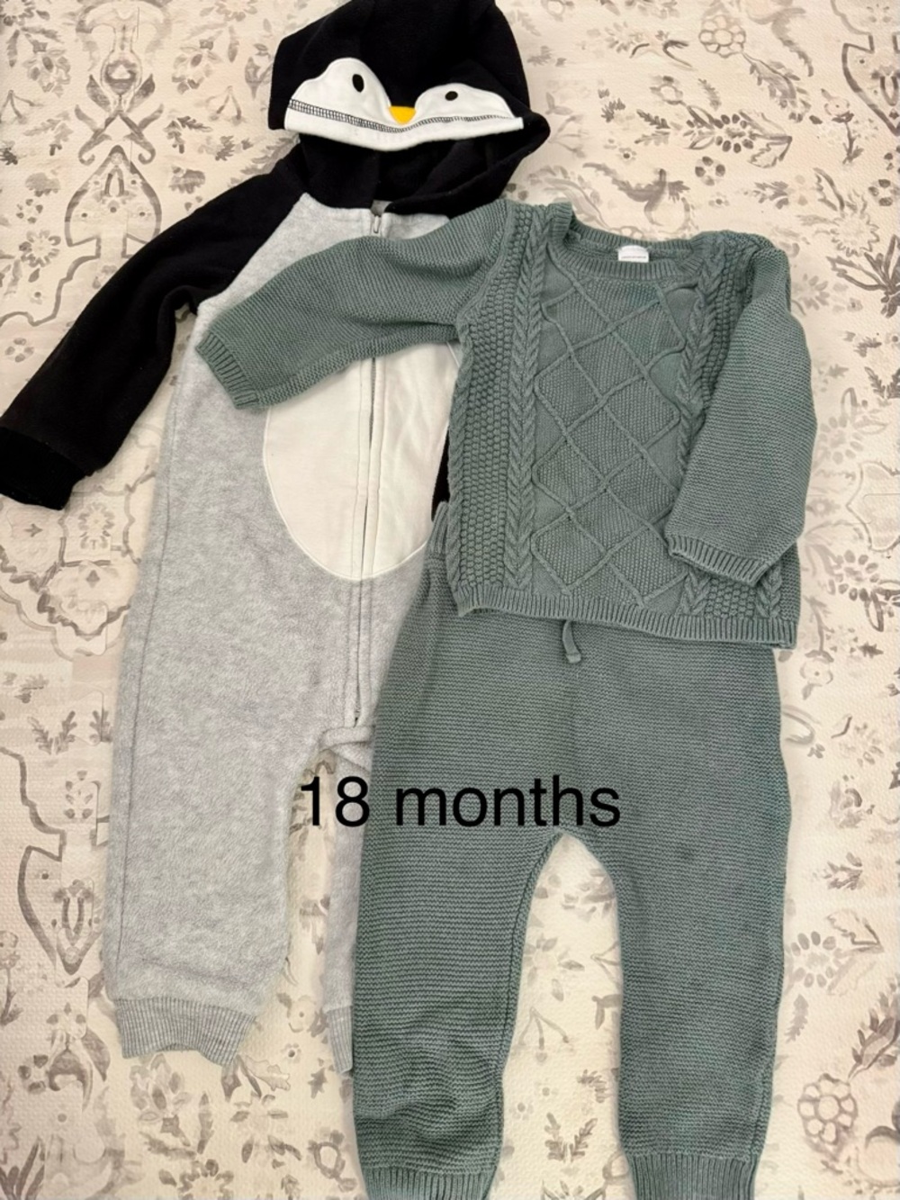 Carter's Black & Gray Penguin Hooded Romper with Green Knit Two-Piece Set